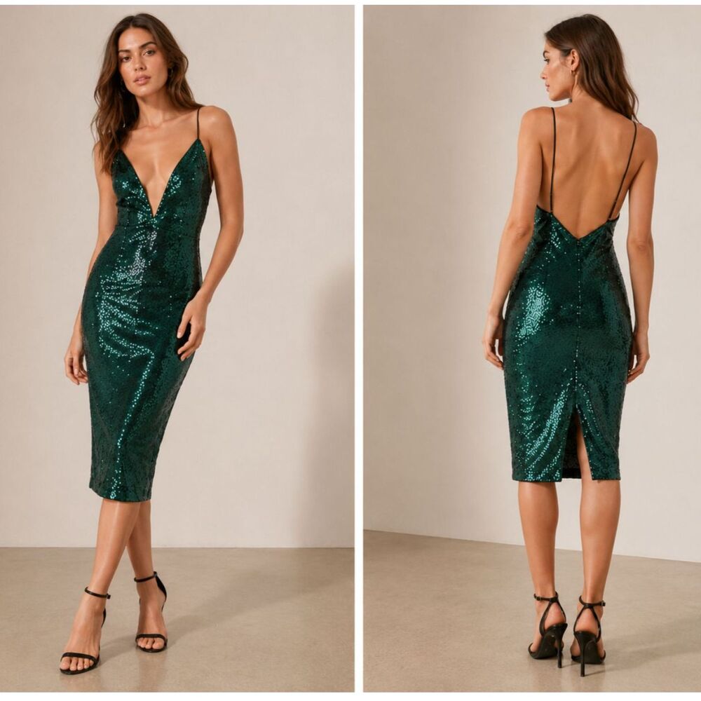 Michael Costello x REVOLVE Kendall Sequin Midi Dress Emerald Green Large New